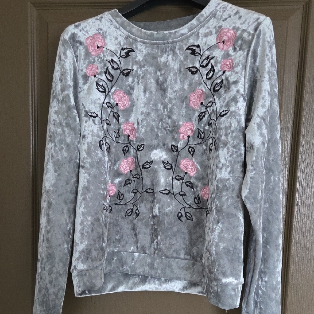 H&M Gray Velvet Sweatshirt with Pink Floral Design